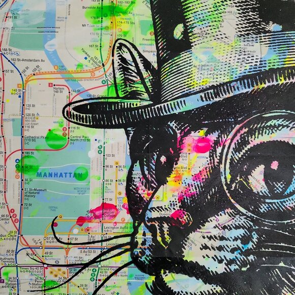 Aristocat in the City Hand-painted Acrylic CAT Artwork on a NYC Subway Map - Picture 3 of 6